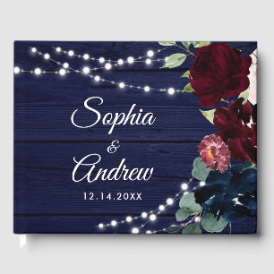 Rustic Wood Marsala & Navy Blue Flowers Wedding Guest Book