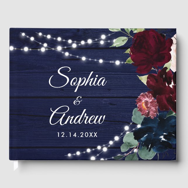 Rustic Wood Marsala & Navy Blue Flowers Wedding Guest Book (Front)