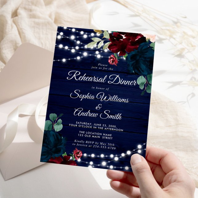 Rustic Wood Marsala & Navy Blue Rehearsal Dinner Invitation (Creator Uploaded)
