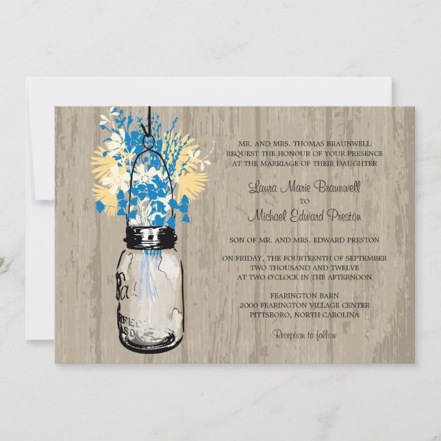 Rustic Wood Mason Jar and Wildflowers Wedding Invitation (Front)