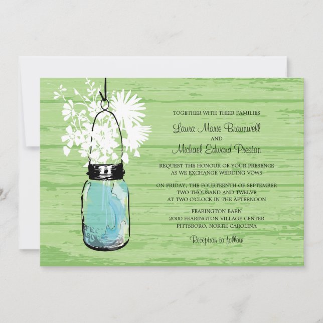 Rustic Wood Mason Jar and Wildflowers Wedding Invitation (Front)