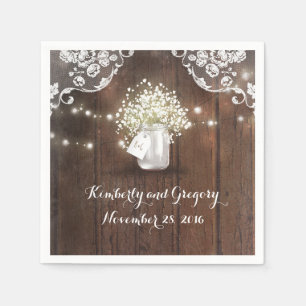 Rustic Wood Mason Jar Baby's Breath Barn Wedding Napkin