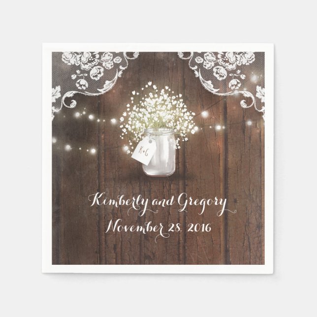 Rustic Wood Mason Jar Baby's Breath Barn Wedding Napkin (Front)