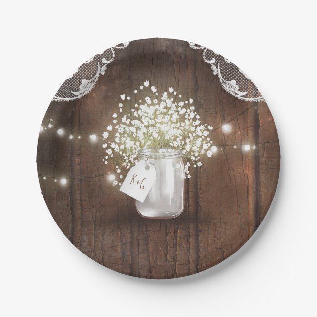 Rustic Wood Mason Jar Baby's Breath Barn Wedding Paper Plate (Front)