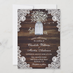 Rustic Wood Mason Jar Baby's Breath Wedding Invitation
