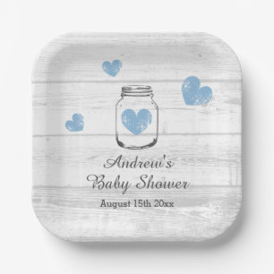 Rustic wood mason jar boy's baby shower party paper plate