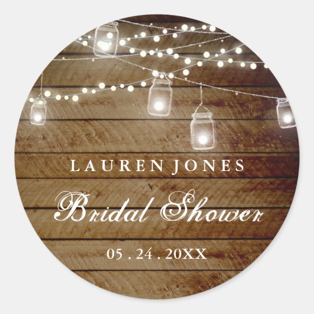 Rustic Wood Mason Jar Bridal Shower Sticker (Front)