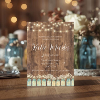 Rustic Wood Mason Jar & Fairy Lights Bridal Shower Invitation