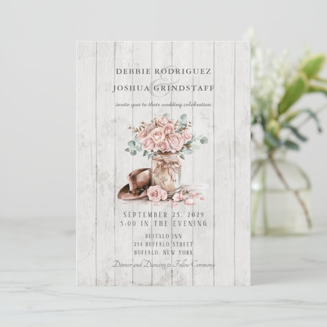 Rustic Wood Mason Jar Floral Wedding Invitation  (Standing Front)