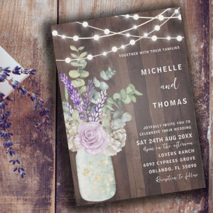 Rustic Wood Mason Jar & Floral Wedding Invitation