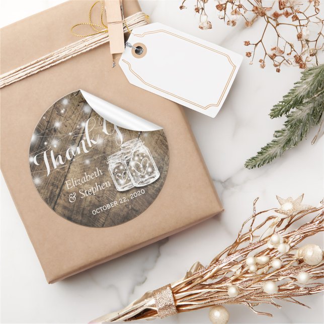 Rustic Wood Mason Jar Lamp Wedding Favour Thank Yo Classic Round Sticker (Creator Uploaded)