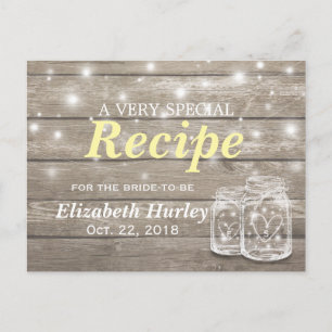 Rustic Wood Mason Jar Lights Bridal Shower Recipe Invitation Postcard