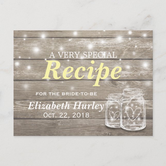 Rustic Wood Mason Jar Lights Bridal Shower Recipe Invitation Postcard (Front)