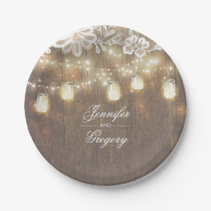 Rustic Wood Mason Jar Lights Lace Barn Wedding Paper Plate