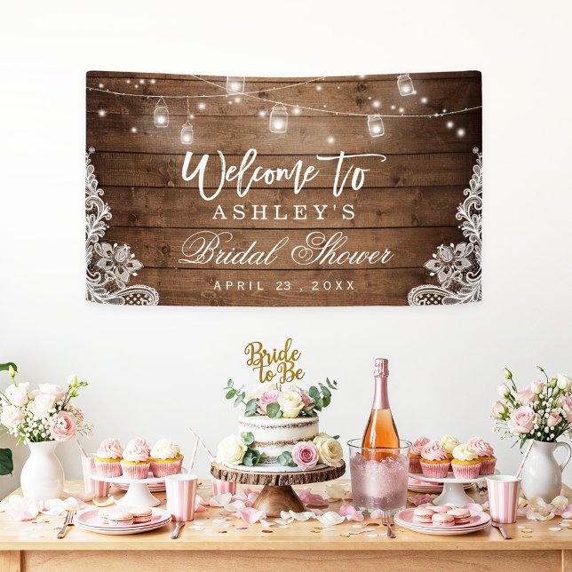 Rustic Wood Mason Jar Lights Lace Bridal Shower Banner (Creator Uploaded)
