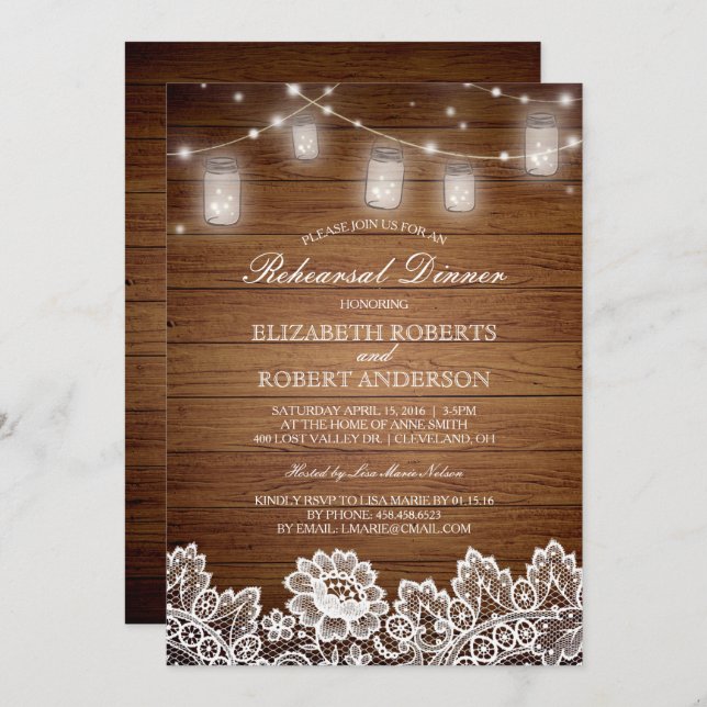 Rustic Wood Mason Jar Lights Rehearsal Dinner Invitation (Front/Back)