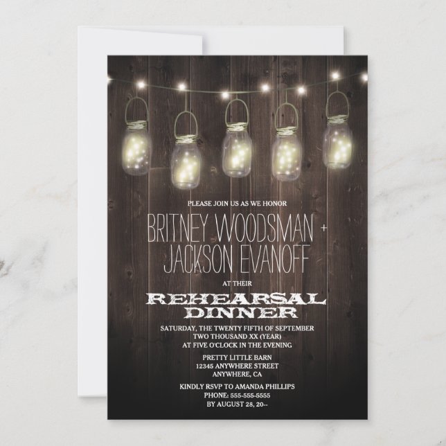 Rustic Wood Mason Jar Rehearsal Dinner Invitations (Front)