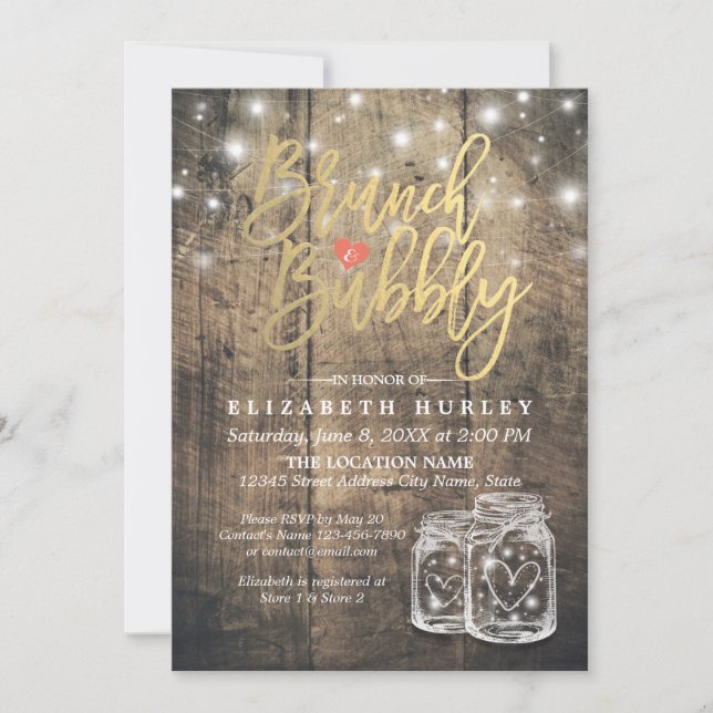 Rustic Wood Mason Jar String Light Brunch & Bubbly Invitation (Front)