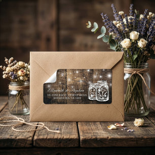 Rustic Wood Mason Jar String Light Wedding Address Label