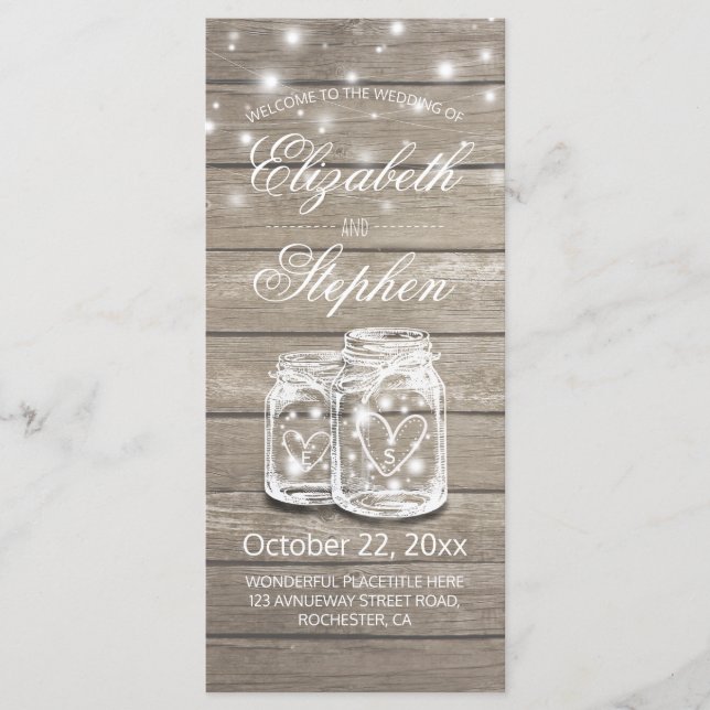 Rustic Wood Mason Jar String Light Wedding Program (Front)