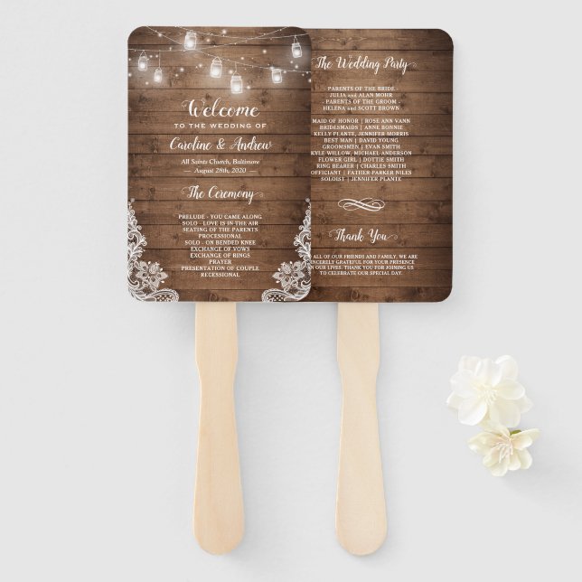 Rustic Wood Mason Jar String Light Wedding Program Hand Fan (Front and Back)
