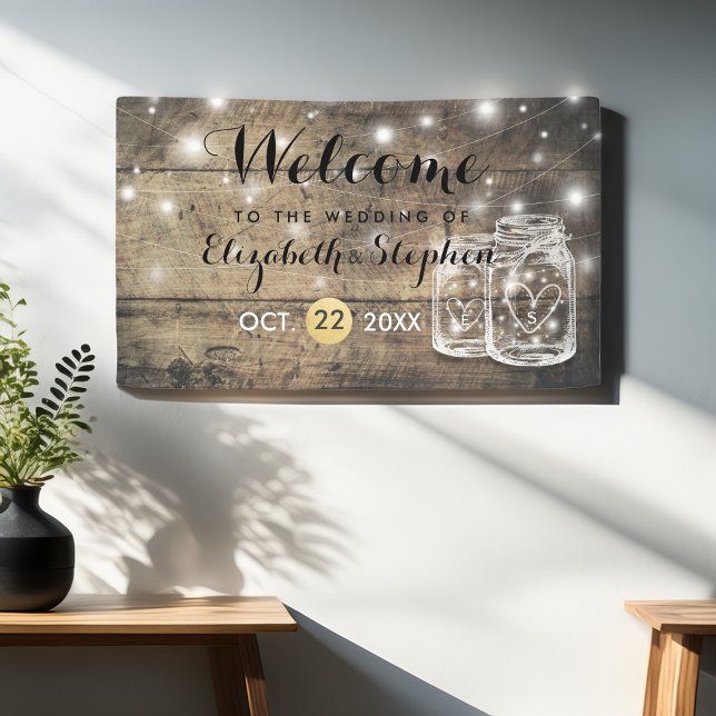 Rustic Wood Mason Jar String Light Wedding Welcome Banner (Creator Uploaded)