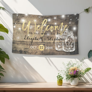 Rustic Wood Mason Jar String Light Wedding Welcome Banner