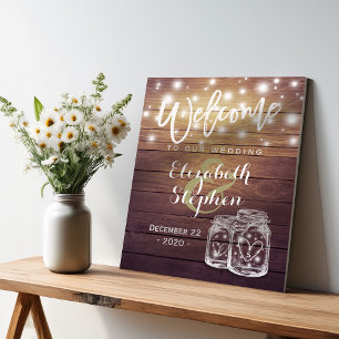 Rustic Wood Mason Jar String Light Wedding Welcome Poster