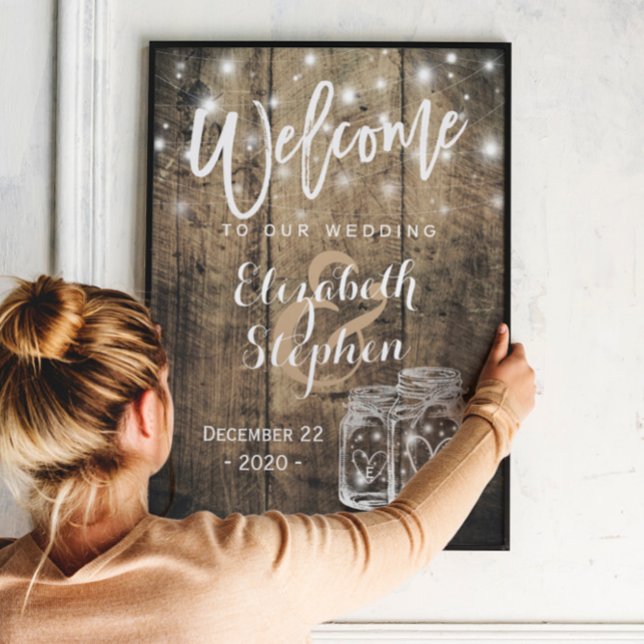 Rustic Wood Mason Jar String Light Wedding Welcome Poster (Creator Uploaded)