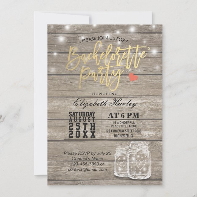 Rustic Wood & Mason Jar String Lights Bachelorette Invitation (Front)