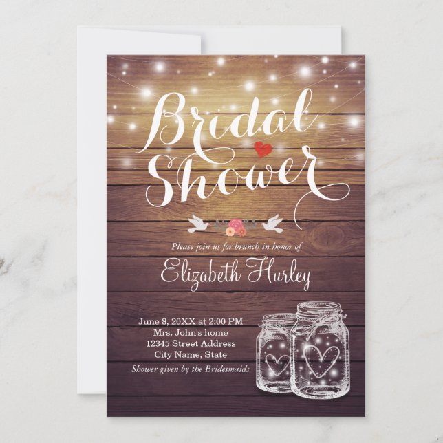 Rustic Wood Mason Jar String Lights Bridal Shower Invitation (Front)
