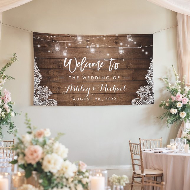 Rustic Wood Mason Jar String Lights Lace Wedding Banner (Creator Uploaded)
