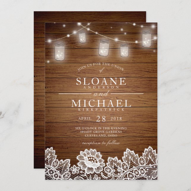 Rustic Wood Mason Jar String Lights Lace Wedding Invitation (Front/Back)