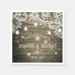 Rustic Wood Mason Jar String Lights Lace Wedding Napkin