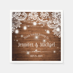 Rustic Wood Mason Jar String Lights Lace Wedding Napkin