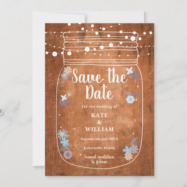 Rustic Wood Mason Jar String Lights Save the Date (Front)