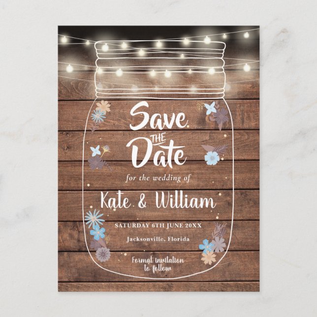 Rustic Wood Mason Jar String Lights Save The Date Announcement Postcard (Front)