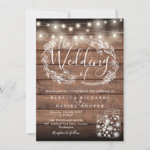 Rustic Wood Mason Jar String Lights Script Wedding Invitation