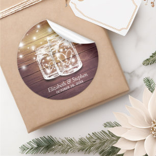 Rustic Wood Mason Jar String Lights Wedding Favour Classic Round Sticker