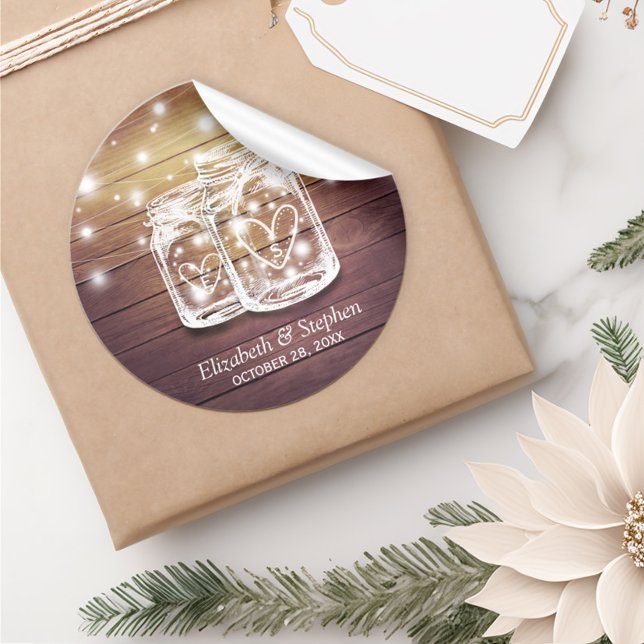 Rustic Wood Mason Jar String Lights Wedding Favour Classic Round Sticker (Creator Uploaded)