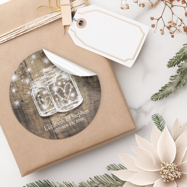Rustic Wood Mason Jar String Lights Wedding Favour Classic Round Sticker (Creator Uploaded)
