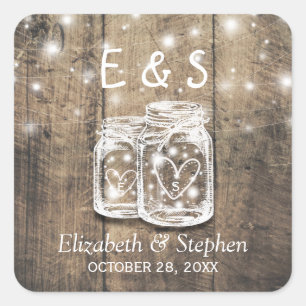 Rustic Wood Mason Jar String Lights Wedding Favour Square Sticker