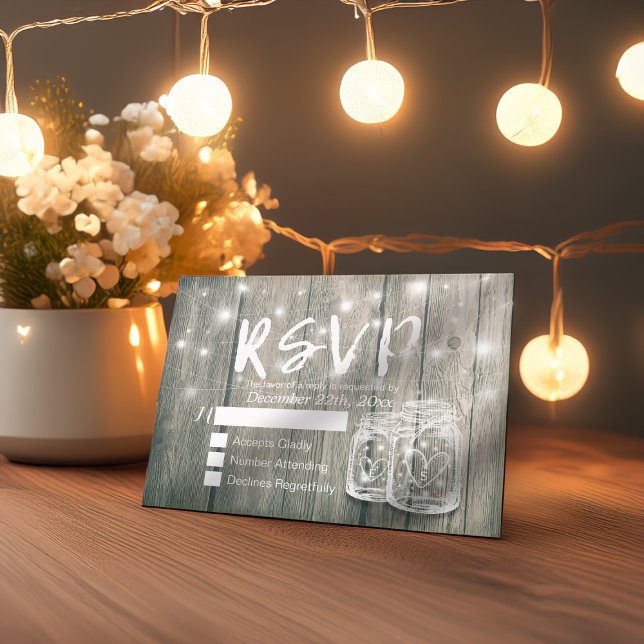 Rustic Wood & Mason Jar String Lights Wedding RSVP (Creator Uploaded)