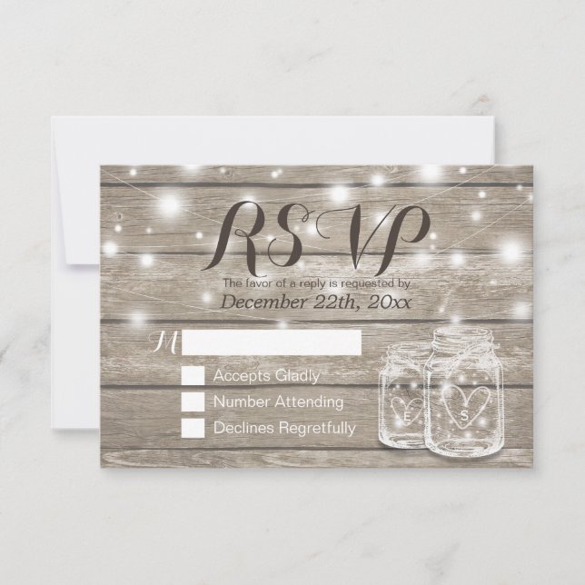 Rustic Wood & Mason Jar String Lights Wedding RSVP (Front)