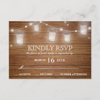 Rustic Wood Mason Jar String Lights Wedding RSVP Card