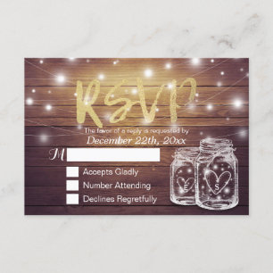 Rustic Wood & Mason Jar String Lights Wedding RSVP Card