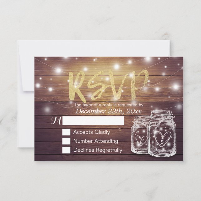 Rustic Wood & Mason Jar String Lights Wedding RSVP Card (Front)