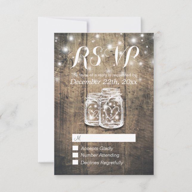 Rustic Wood & Mason Jar String Lights Wedding RSVP Card (Front)
