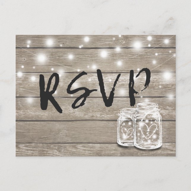 Rustic Wood & Mason Jar String Lights Wedding RSVP Invitation Postcard (Front)