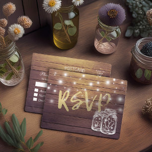 Rustic Wood & Mason Jar String Lights Wedding RSVP Invitation Postcard